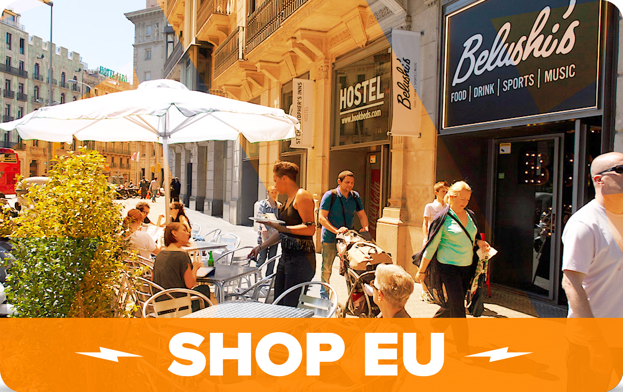 sunny outdoor scene in a european city; text 'SHOP EU'